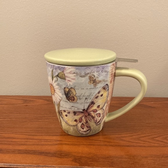 Lang “Butterfly Daisy” Tea Mug w/Steeper & Coaster/Lid. NEW, Excellent Condition - Picture 3 of 6